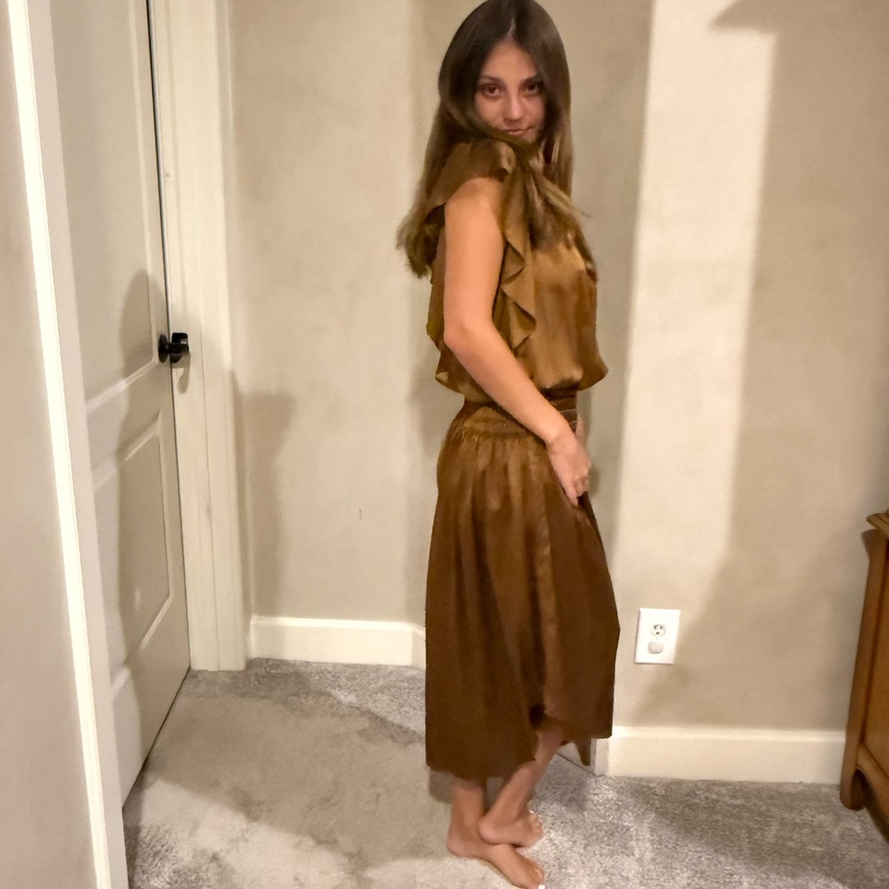 Ramy Brook Wrenn Dress in Metallic Copper Satin Midi Dress Size: Small - Picture 3 of 16